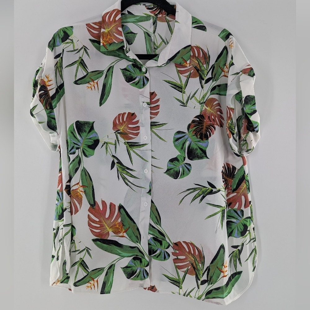 Boho Tropical Palm Leaf Print Button Down Blouse Large Lightweight Summer Green